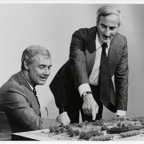 [Mayor George Moscone and Chief Administrative Officer Roger Boas viewing a model of the Yerba Buena Convention and Exhibit Center]