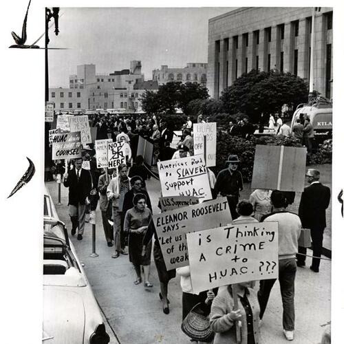 [Pickets protesting House Committee on un-American Activities hearings in Los Angeles]