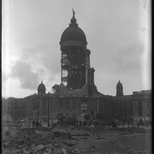 Remains of City Hall and rubble after earthquake