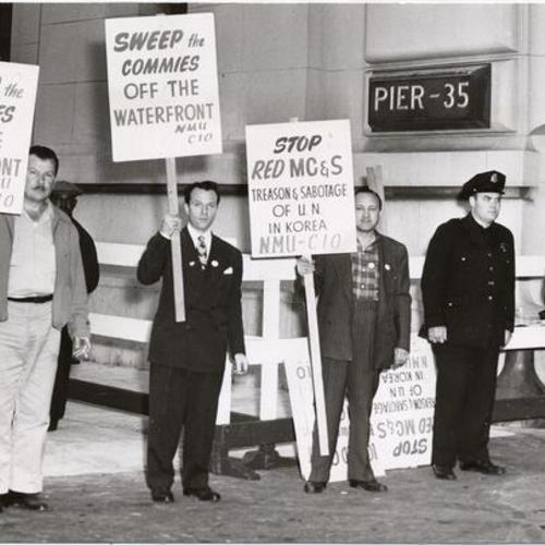 [Members of the National Maritime Union picketing at Pier 35]