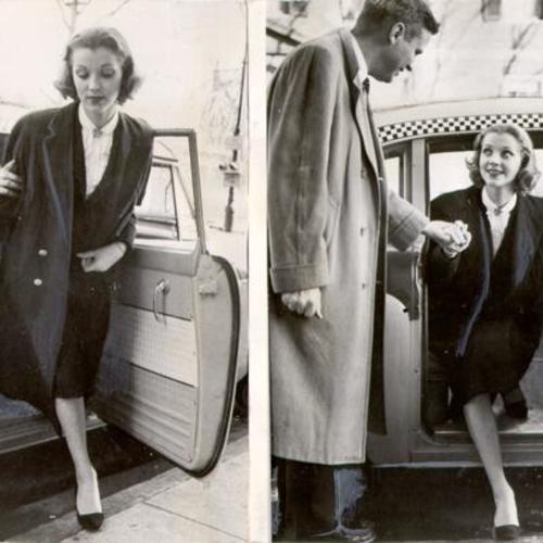 [Two photographs intended to show the right and wrong way for a gentleman to exit a cab with a lady]