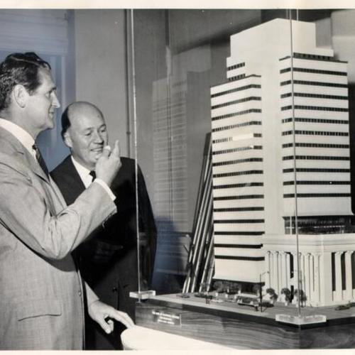 [Charles de Bretteville and William Stephen Allen viewing model of Bank of California's 12-story headquarters building]