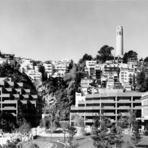 [View of Levi Plaza showing Telegraph Hill and Coit Tower in background]