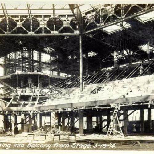 [Construction of San Francisco Civic Auditorium - looking into balcony from stage]