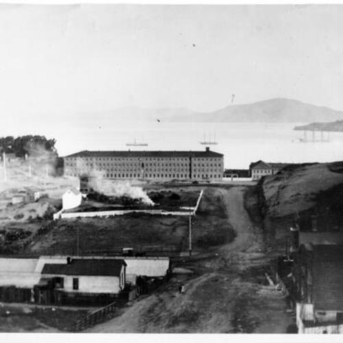 [View of Pioneer Woolen Mills, looking north from Polk Street towards San Francisco Bay]