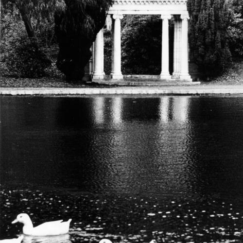 [Portals of the Past monument with ducks in foreground]