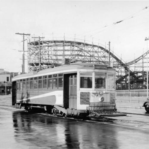 [Streetcar parked near Playland at the Beach]