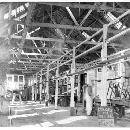 [Interior of cable car barn at Washington and Mason streets]