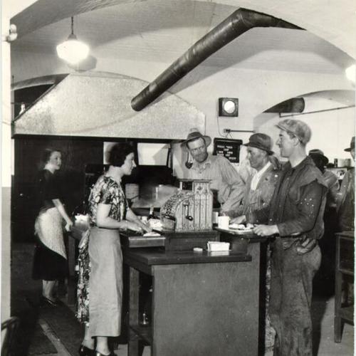 [Bridge workers in cafeteria in Fort Point]