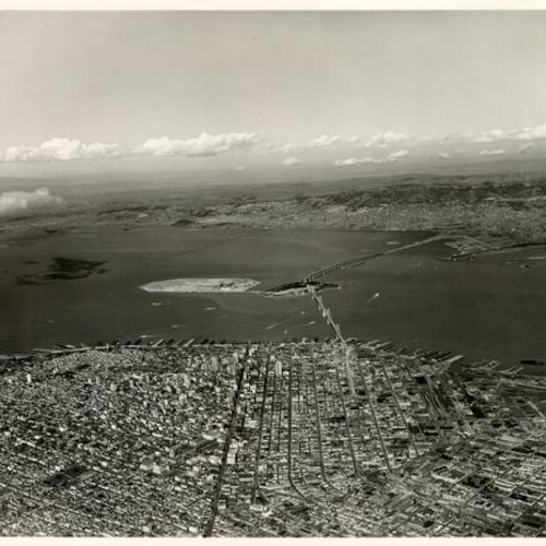 [Aerial view of downtown San Francisco, Treasure Island and Yerba Buena Island]