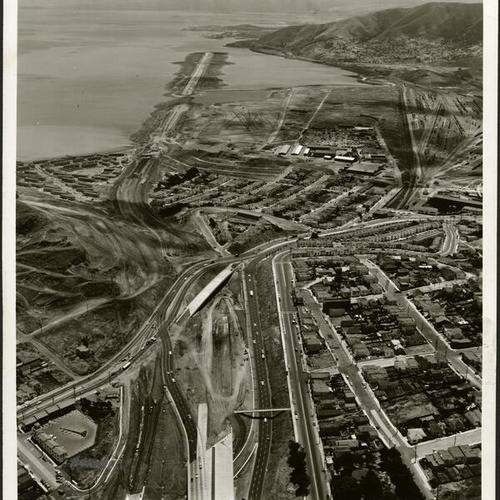 [Aerial view of construction operations for Bayshore Freeway]