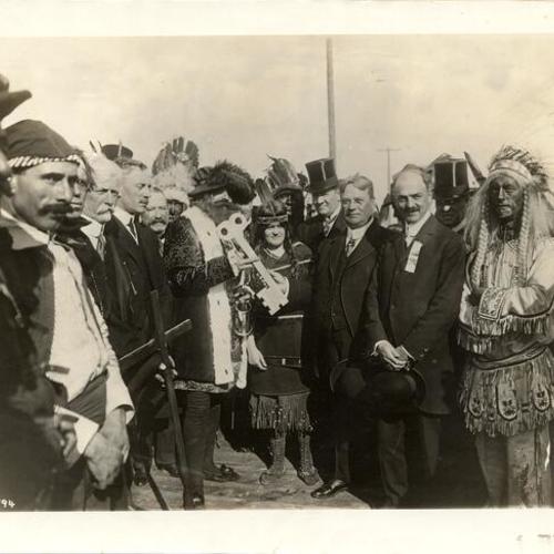 [Emmanuel Maggio representing Christopher Columbus receives the key to the Exposition for the Columbus Day event at the Panama-Pacific International Exposition]