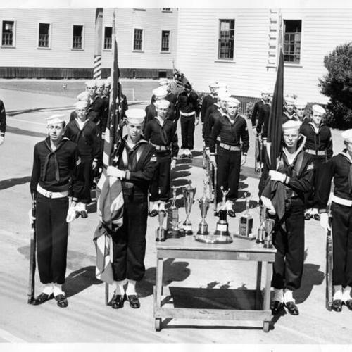 [Electronics Drill Platoon from Treasure Island with trophies they won]