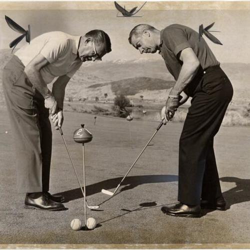 [Vernon "Lefty" Gomez (left) playing golf with Joe Di Maggio (right)]