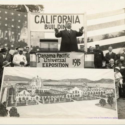 [Governor Hiram Johnson speaking at ground breaking ceremony for California building, Panama-Pacific International Exposition]
