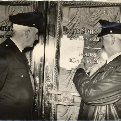 [Officer John McKeon and Sgt. F.D. Gaddy looking at notice on door at Pacific States Savings Building]