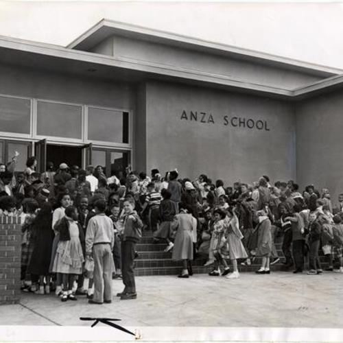 [Children entering Anza Elementary School on first day of class]