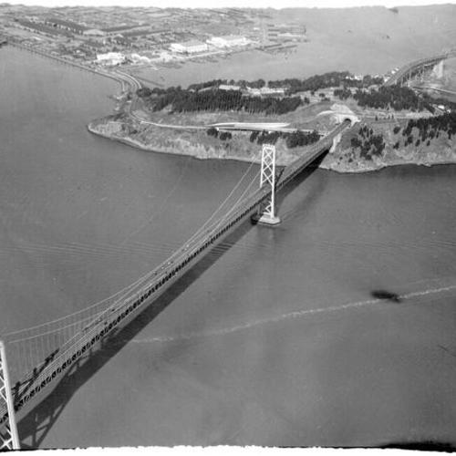 [Aerial view of the San Francisco-Oakland Bay Bridge and Yerba Buena Island]