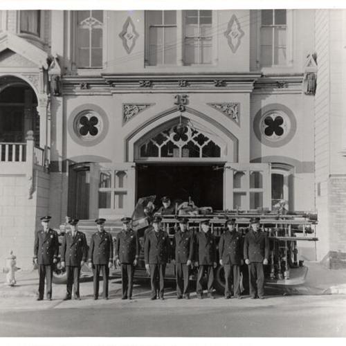 [Group photo of firemen in front of Engine 15 at 2150 California Street]