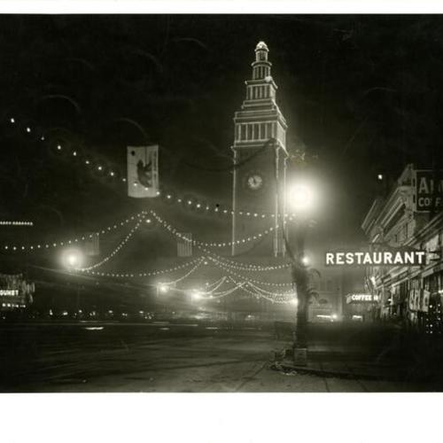 [Illumination of tower in Market street, Portola Festival, October 19-23, 1909]