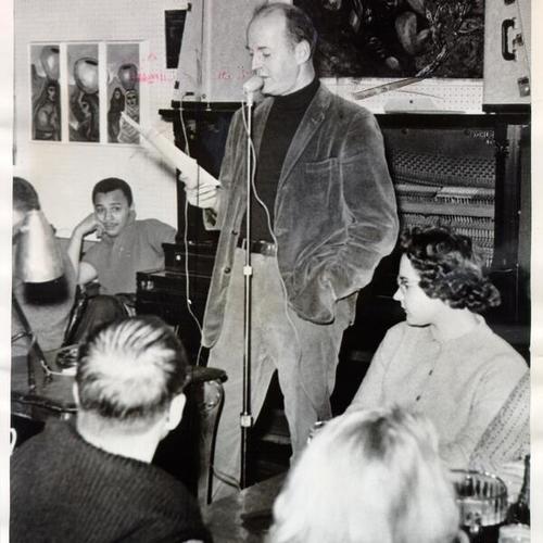 [Lawrence Ferlinghetti reading poetry at The Coffee Gallery on Grant Avenue]