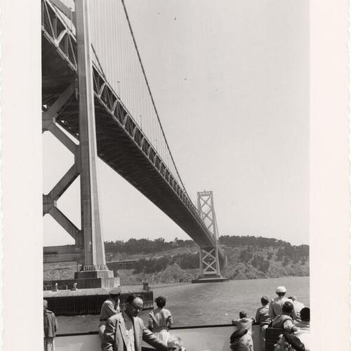 [View of the Bay Bridge from the deck of the ferryboat "Berkeley"]