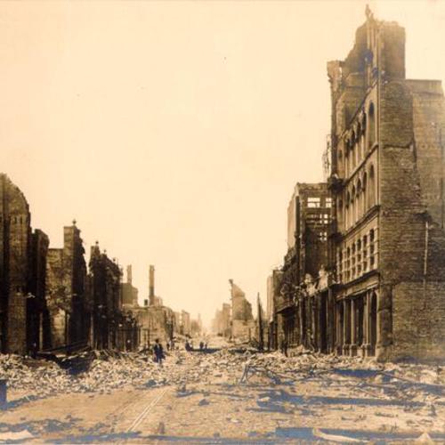 [View of O'Farrell Street looking west, ruins of the Alcazar and Orpheum theaters]