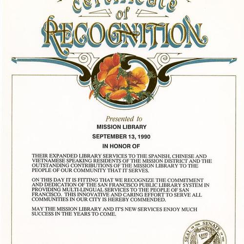 Certificate of Recognition, September 30 1990