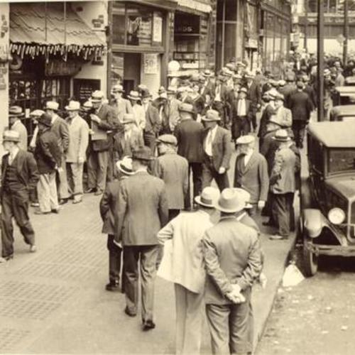 [Street scene outside cafes during strike of 1934]