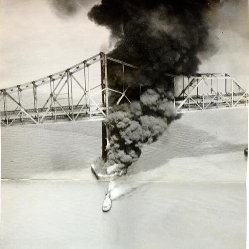 [Fireboat fighting a fire on the cantilever section of the San Francisco-Oakland Bay Bridge]