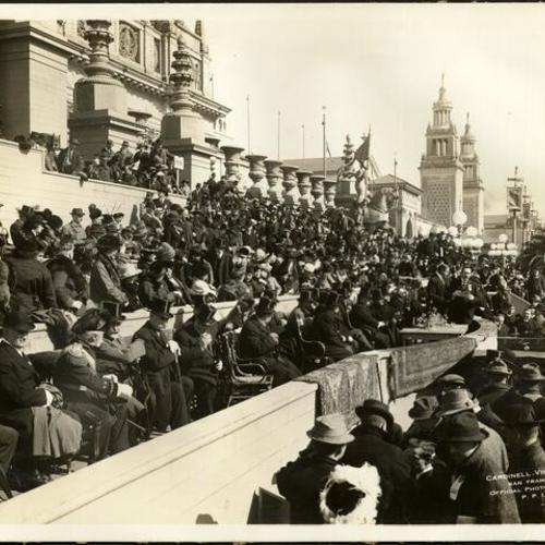 [Panama-Pacific International Exposition President Charles C. Moore speaking to crowd on opening day]