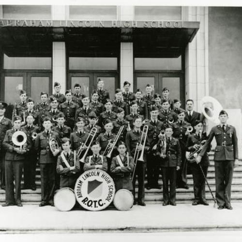 [Bob front row, far left with Abraham Lincoln R.O.T.C. band in 1943 in front of Lincoln High School]