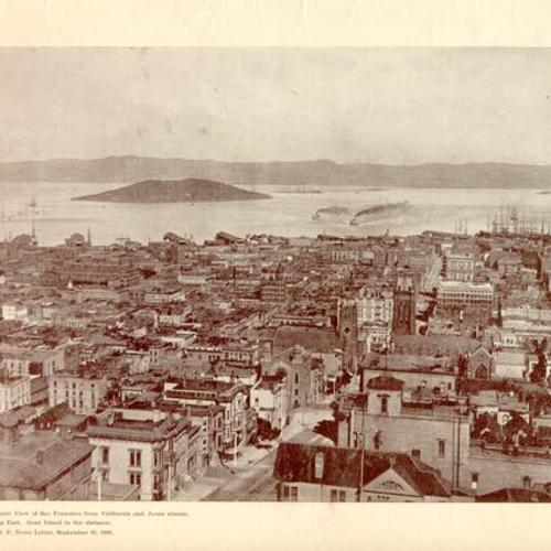 Panoramic View of San Francisco from California and Jones streets, looking east. Goat Island in the distance