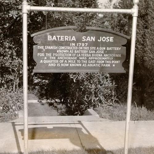 [Historic marker at Fort Mason showing site of old Bateria San Jose]