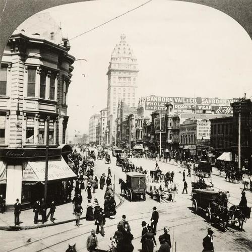 Market St. from Stockton in 1890's. Claus Spreckel's (Call) Building is tallest