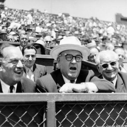 [Governor Edmund G. Brown (center) takes in ball game with Ben Swig (left) and Max Sobel (right)]