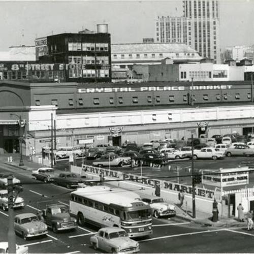 [View of the Crystal Palace Market from 8th Street, showing the rear entrance and part of the 55,000 square foot parking lot]