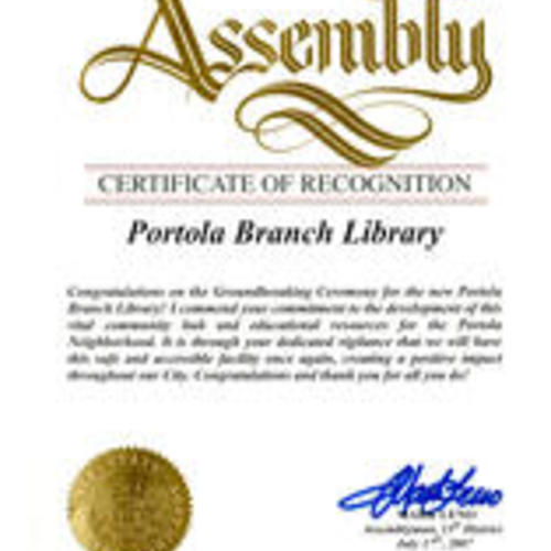 Portola Branch Library binder, p. 15: Assembly Certificate of Recognition, Portola Branch Library