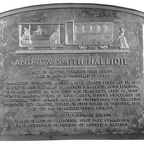 [Plaque honoring Andrew Smith Hallidie, the inventor of the cable car]