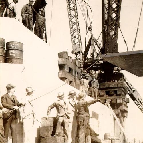 [Bridge construction workers on Pier 2 of the San Francisco-Oakland Bay Bridge]