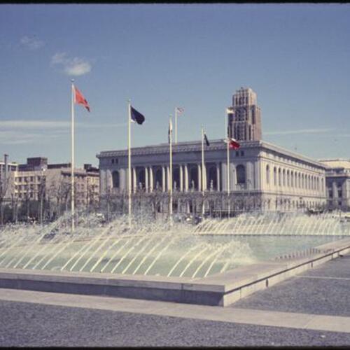 Civic Center Plaza fountain with Main Library in background