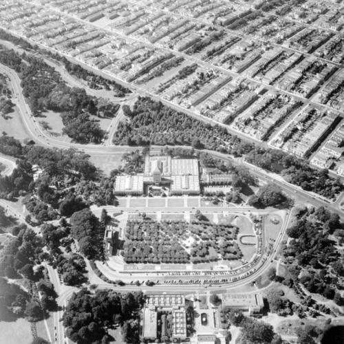 [Aerial view of Music Concourse in Golden Gate Park]