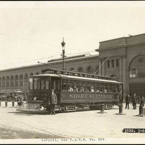 [Sightseeing streetcar, "The Golden Gate" in front of the Ferry Building]