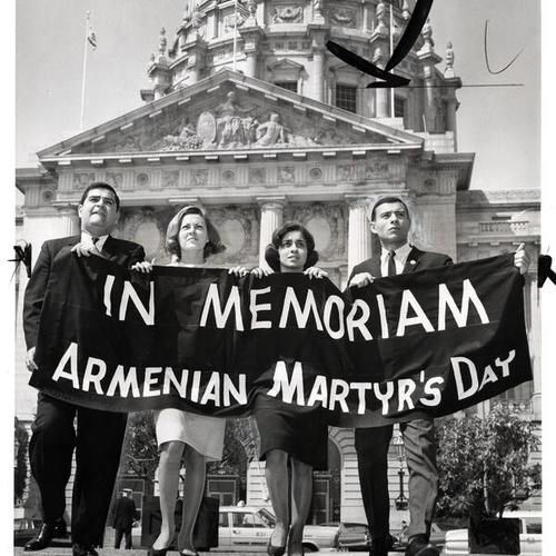 [Jay Margosian, Susan Vartanian, Vivian Saatjian and Aram Bassenian march to commemorate the 50th anniversary of the slaughter of Armenians in Turkey]