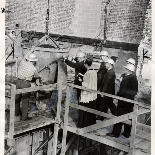 [Mayor Christopher pouring first concrete for a new addition to French Hospital at Fifth Avenue and Geary Boulevard]