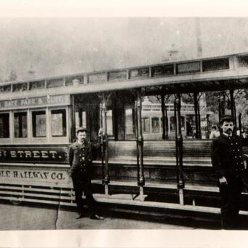 [Market Street Railway Company cable car on turntable at Haight and Stanyan streets]
