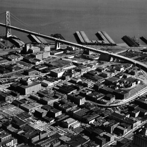 [Aerial view of the South of Market district showing approach to the San Francisco-Oakland Bay Bridge]