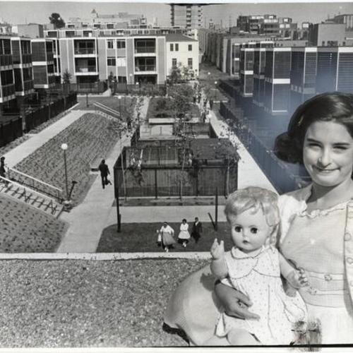 [Portrait of Julie Solomon with view of St. Francis Square housing project in background]