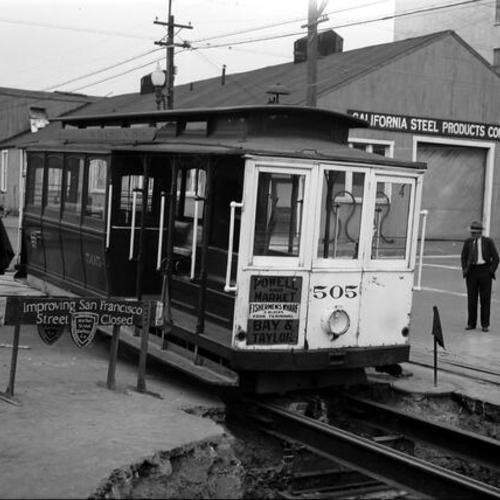 [Intersection of Taylor and Bay streets looking north showing Market Street Railway Powell and Mason line cable car #505,