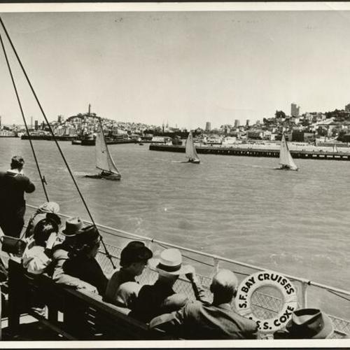[View of the San Francisco waterfront from a cruise ship on the bay]